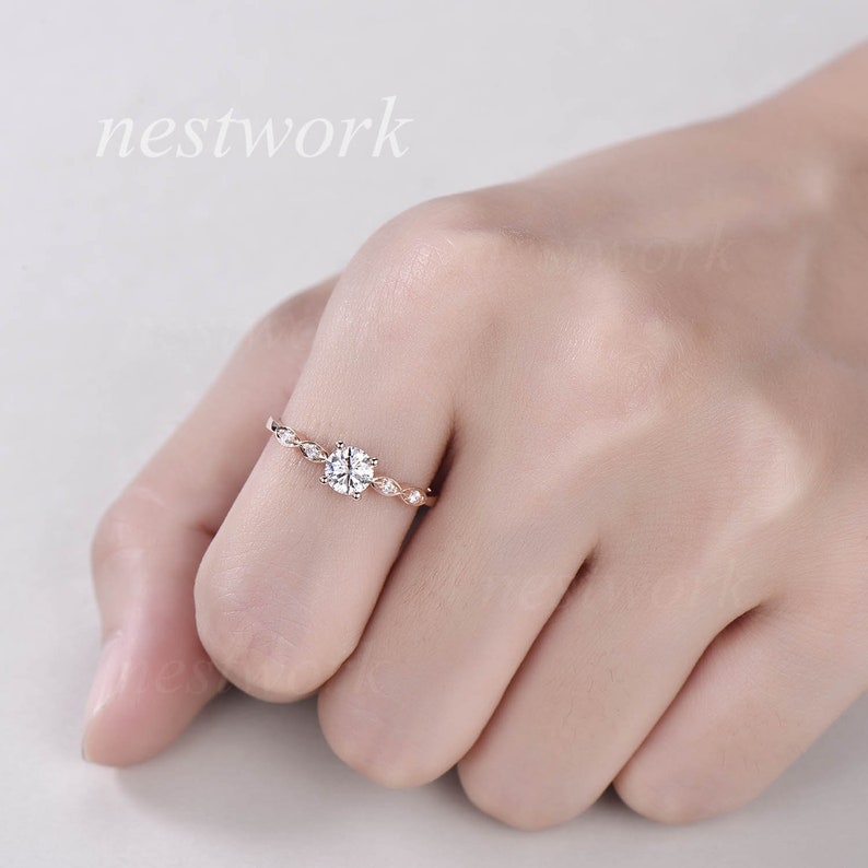 Moissanite Ring 5mm Round Cut Moissanite Engagement Ring rose gold,Diamond Wedding ring band,marquise set promise bridal anniversary ring image 4