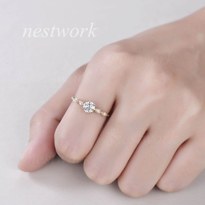 Moissanite Ring 5mm Round Cut Moissanite Engagement Ring rose gold,Diamond Wedding ring band,marquise set promise bridal anniversary ring image 8