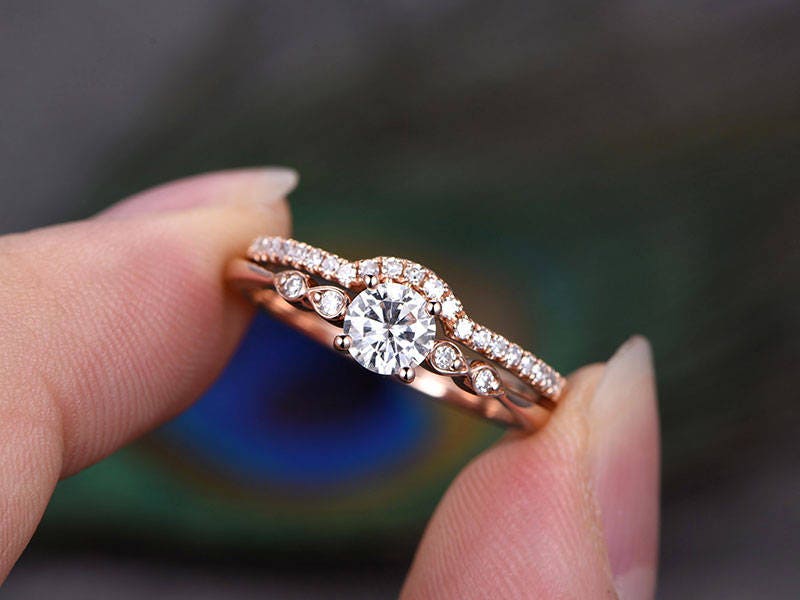 0.5 Carat Moissanite Engagement Ring Set 14k Solid Rose Gold