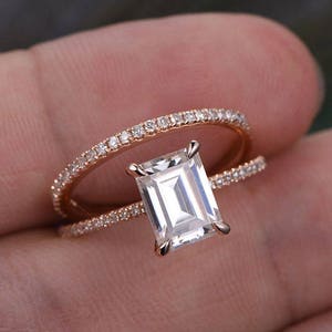 2 Carat Emerald Cut Moissanite Engagement Ring Set Rose Gold Diamond Wedding Band Thin Pave Half Eternity Matching Moissanite Wedding Rings image 3