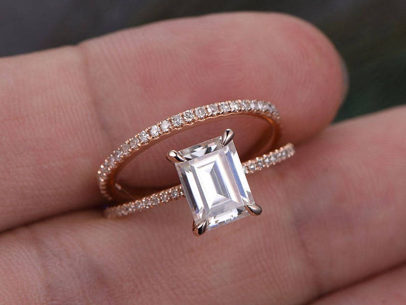 2 Carat Emerald Cut Moissanite Engagement Ring Set Rose Gold Diamond Wedding Band Thin Pave Half Eternity Matching Moissanite Wedding Rings image 3