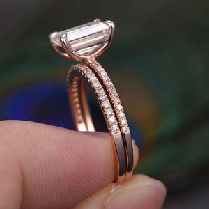 2 Carat Emerald Cut Moissanite Engagement Ring Set Rose Gold Diamond Wedding Band Thin Pave Half Eternity Matching Moissanite Wedding Rings image 4