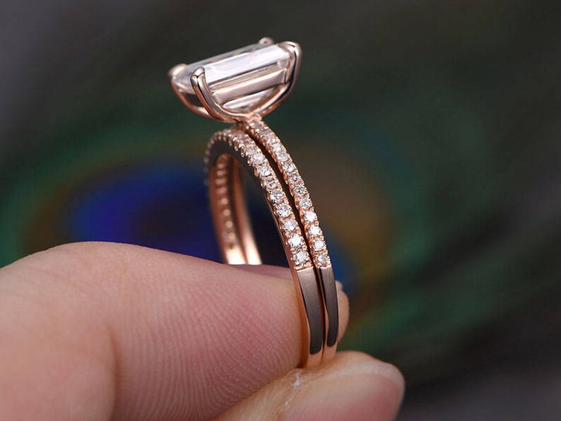 2 Carat Emerald Cut Moissanite Engagement Ring Set Rose Gold Diamond Wedding Band Thin Pave Half Eternity Matching Moissanite Wedding Rings image 4