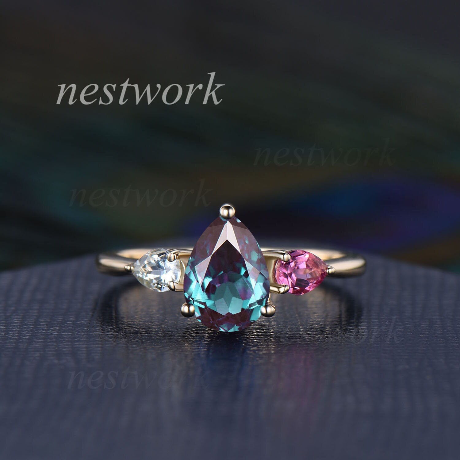 Unique Pear Cut Alexandrite Engagement Ring Art Deco 14k Yellow Gold Three Stone Ring Dainty Natural Aquamarine Pink Tourmaline Wedding Ring