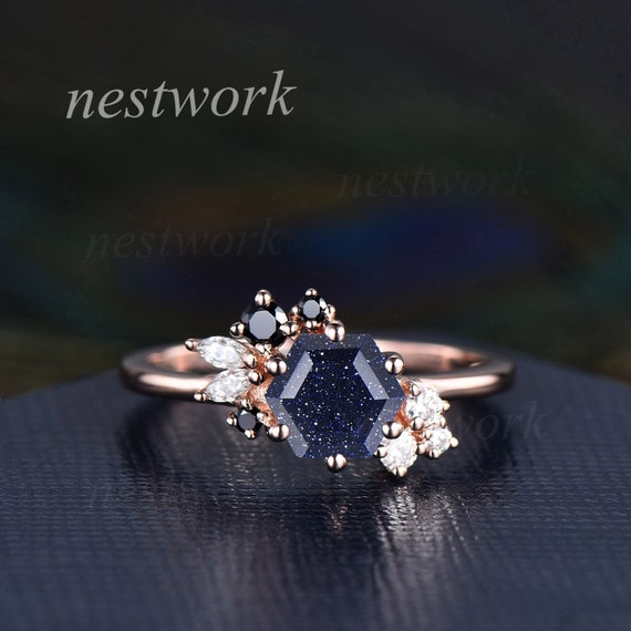 Hexagon Blue Sandstone Ring Unique Blue Sandstone Engagement Ring