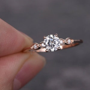 Moissanite Ring solid 14K Rose Gold Dainty Moissanite Engagement