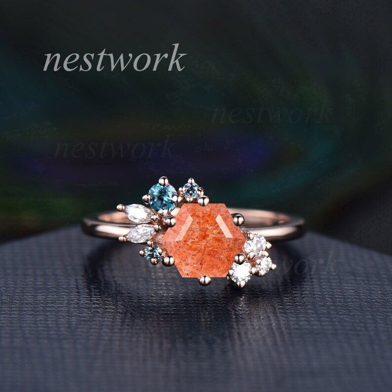 Hexagon cut sunstone ring vintage unique orange sunstone engagement ring rose gold cluster alexandrite ring diamond wedding ring for women 