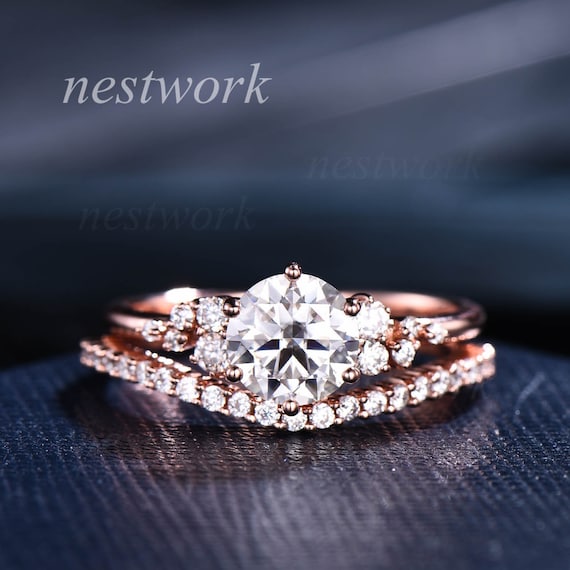 1 anello di fidanzamento fossato moissanite set oro rosa vero diamante fede  nuziale round vintage cluster promessa anello donne Art Deco Set anello  nuziale -  Italia