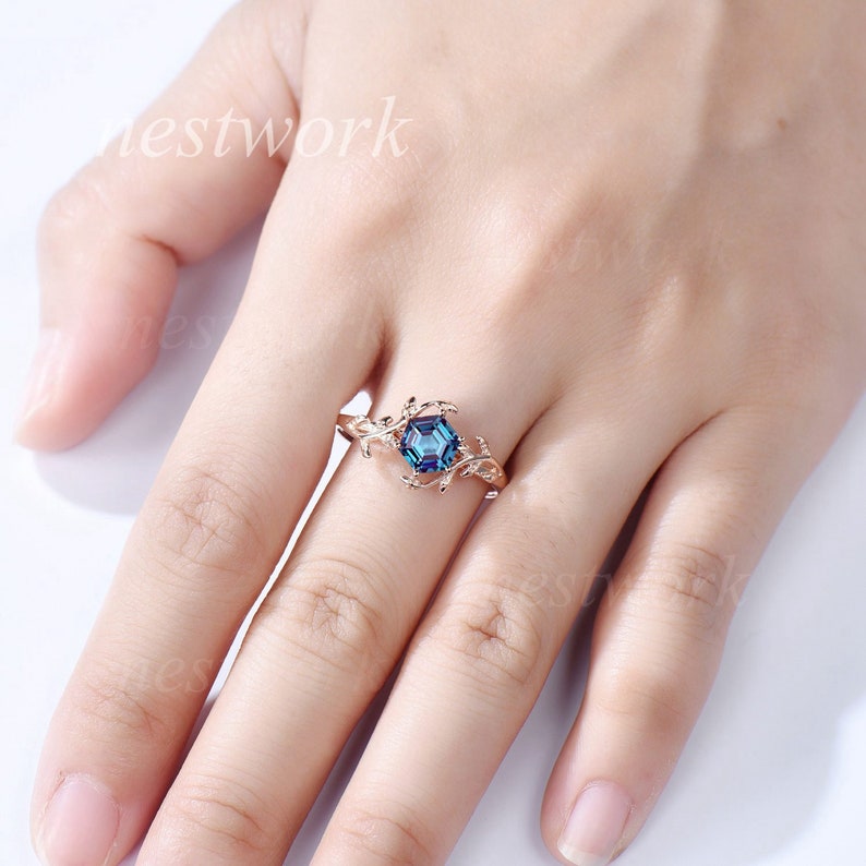 Hexagon Alexandrite engagement ring Leaf Vine Shape Design Ring minimalist unique vintage ring 14k rose gold promise ring wedding ring image 7