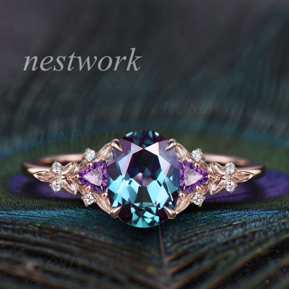 Oval Alexandrite Ring Twig Leaf Yellow Gold Ring Trillion Amethyst
