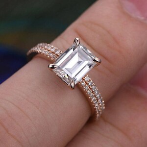 2 Carat Emerald Cut Moissanite Engagement Ring Set Rose Gold Diamond Wedding Band Thin Pave Half Eternity Matching Moissanite Wedding Rings image 5