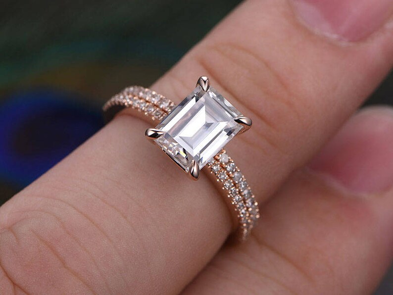 2 Carat Emerald Cut Moissanite Engagement Ring Set Rose Gold Diamond Wedding Band Thin Pave Half Eternity Matching Moissanite Wedding Rings image 5