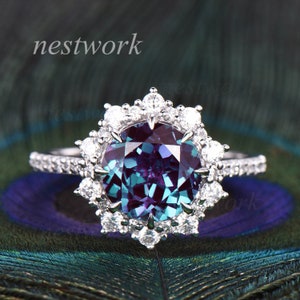 Unique Floral Alexandrite engagement ring Vintage Ring White Gold 2 Carat Alexandrite Ring Promise Ring Eight Prong Bridal anniversary ring