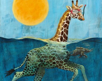 Imprimer, Art Print, Giraffe Print, Animal Print, Animal Water Print, Wall Decor, Home Wall Art ,Giclee Print, "Alternative Evolution" Print