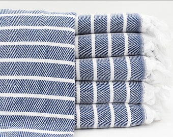 Navy Organic Cotton Bathroom Towel, Turkish Towel, Blue and White Stripe Women’s Wrap, Chair Throw, Outdoor Beach Towel, Housewarming Gift