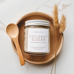 4oz Organic Coconut Sugar Skin Smoothing Scrub, All Natural Exfoliating Vegan Body Polish, Build a Self Care Spa Gift Box For Him or Her