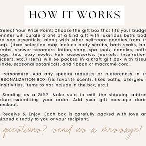 May include: A white background with black text explaining how to order a custom gift box. The text includes the steps: Select Your Price Point, Personalize, Sending as a Gift, and Receive & Enjoy. The text also includes the phrase "questions? send us a message!"
