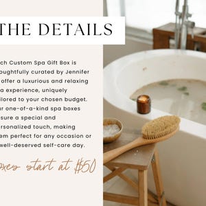 May include: A white bathtub filled with water and a wooden bath brush on a wooden stool. The text "THE DETAILS" is at the top of the image and the text "Boxes start at $50" is at the bottom of the image.