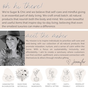 May include: A woman with a warm smile and a wide-brimmed hat is pictured with the text "meet the maker". The text below describes the maker's mission to inspire self-care and well-being through all-natural products. The image also features illustrations of botanicals, natural ingredients, self-care, earth-friendly practices, and a minimalist approach.