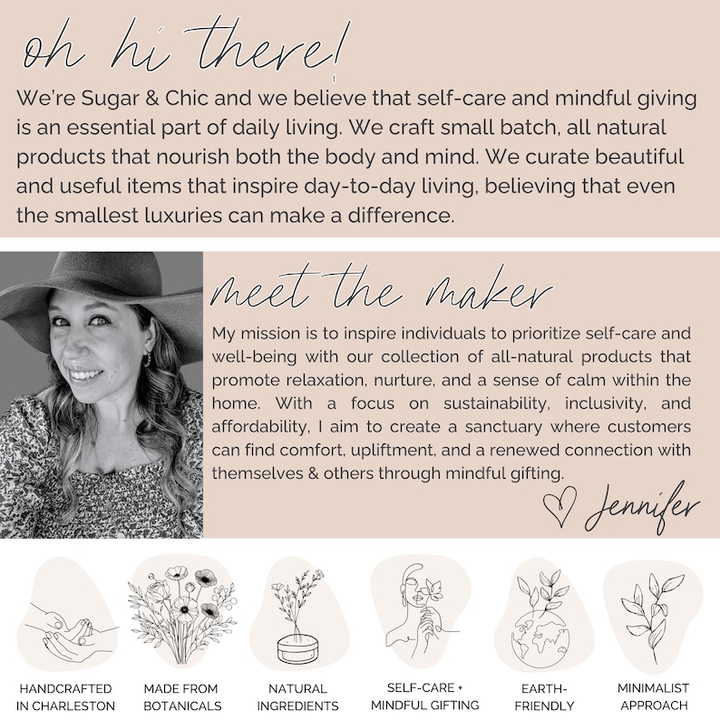 May include: A woman with a warm smile and a wide-brimmed hat is pictured with the text "meet the maker". The text below describes the maker's mission to inspire self-care and well-being through all-natural products. The image also features illustrations of botanicals, natural ingredients, self-care, earth-friendly practices, and a minimalist approach.