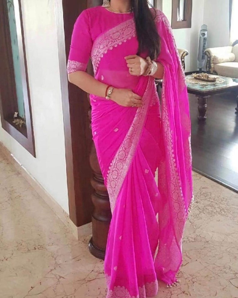 Banarasi pure chiffon silver zari saree Etsy