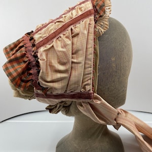 1867 Ladies Bonnet Pink with velvet and plaid, 1860s Womens half bonnet Fanchon, historic replica