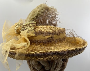 1890s Ladies Straw hat, Late Victorian Woman's Straw boater, Fancy historic replica hat