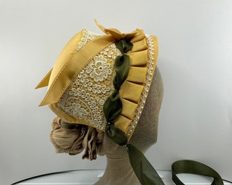 1866 Gold Bonnet with lace and green ribbon, Ladies historic Replica Bonnet 1860s, Womens Empire bonnet 1860s