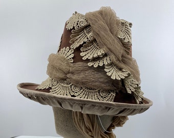 Ladies 1880's Style tall crown hat, Women's 1885 brown felt hat with tulle and lace size 6 7/8 or 21.75"/55cm