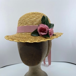 1840s - 1850s Child&#39;s Historic hat, Little girls straw hat, Period sun hat natural straw trimmed in pink size 6 3/8 or 20 1/2&quot; (52 cm)
