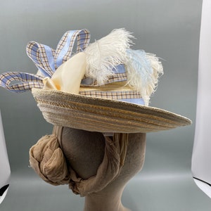 1892 Pale Straw coloured straw hat, Ladies straw hat 1890's, with feathers and plaid ribbon, blue and cream women's Victorian hat