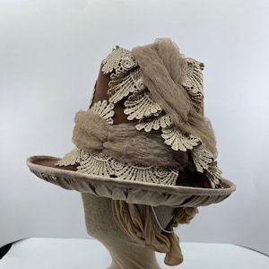 Ladies 1880&#39;s Style tall crown hat, Women&#39;s 1885 brown felt hat with tulle and lace size 6 7/8 or 21.75&quot;/55cm