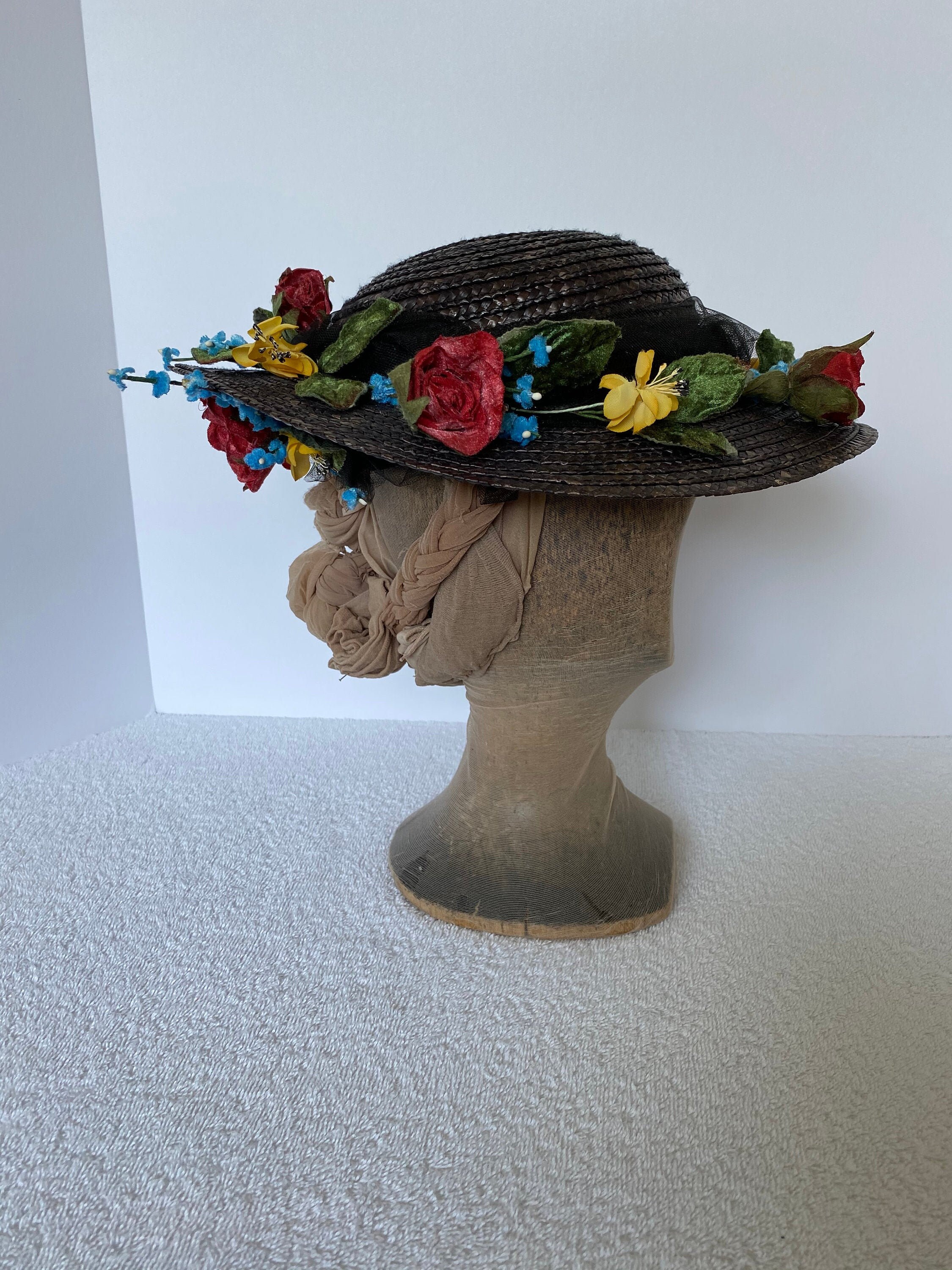1890s Ladies Black Straw Hat With 