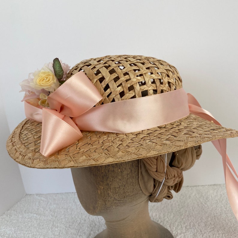 1860&rsquo;s Ladies Straw Hat with flowers pink ribbons | Etsy