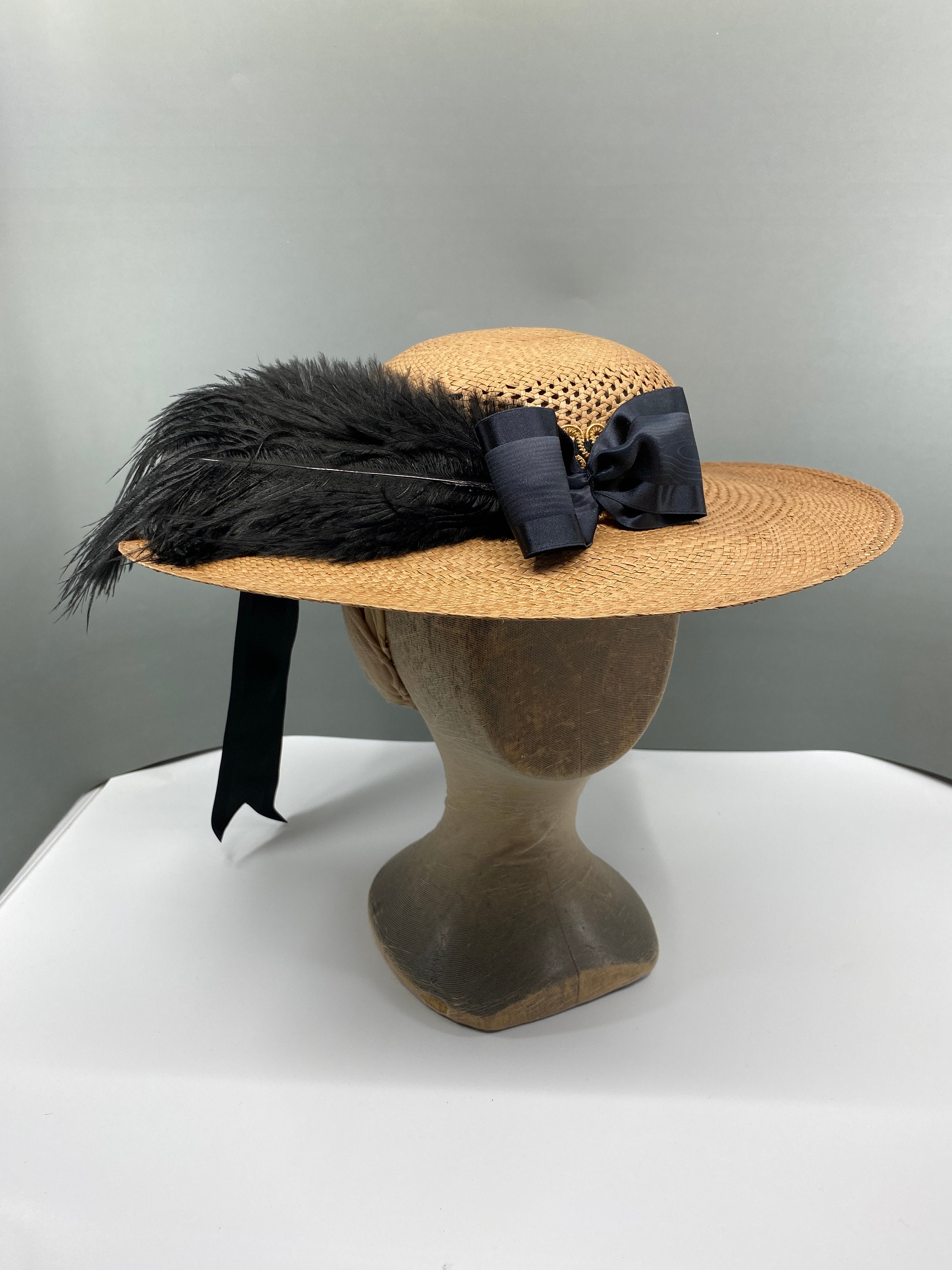 1860's Ladies Straw hat with feather, Tan Women's Straw hat in  Mid-Victorian style, Feather and ribbon-trimmed Civil War straw hat