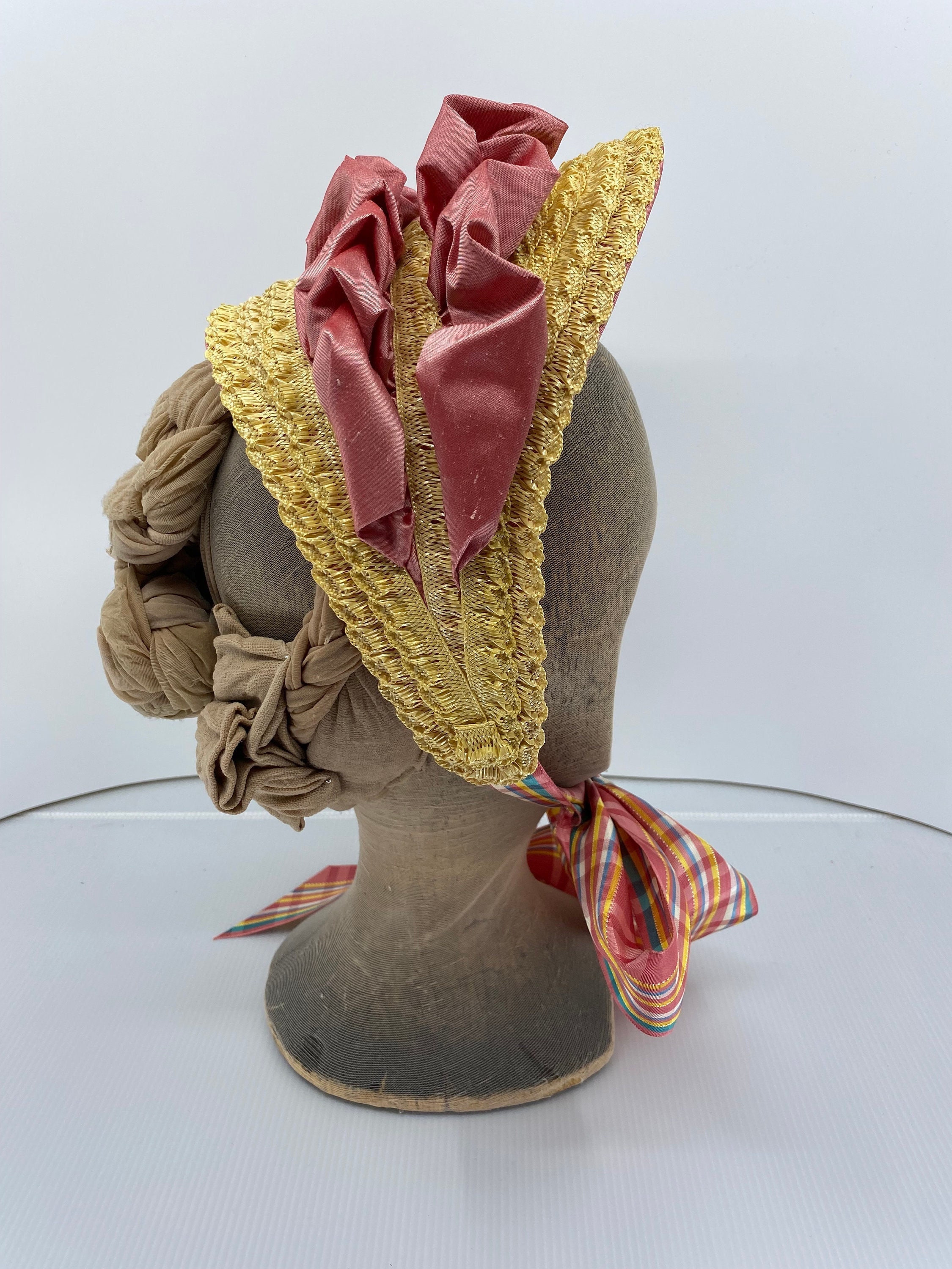 1860s 1870s Ladies Straw Bonnet, Half Bonnet, Fanchon, Pink Silk