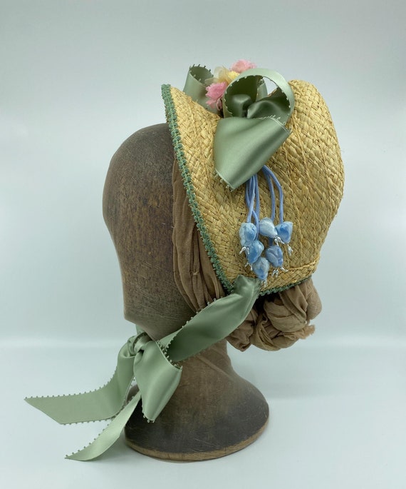 1880's Ladies beige straw horseshoe bonnet with green ribbon and millinery  flowers, historic reproduction