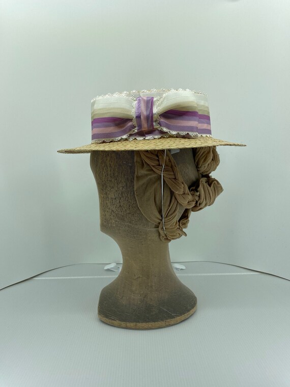 1890s Straw Boater With Mauve Ribbon 