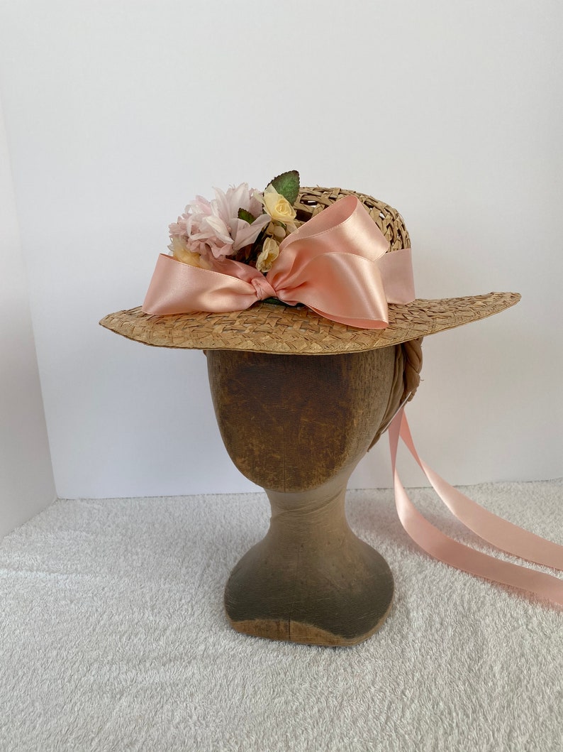 1860's Ladies Straw Hat with flowers pink ribbons Etsy