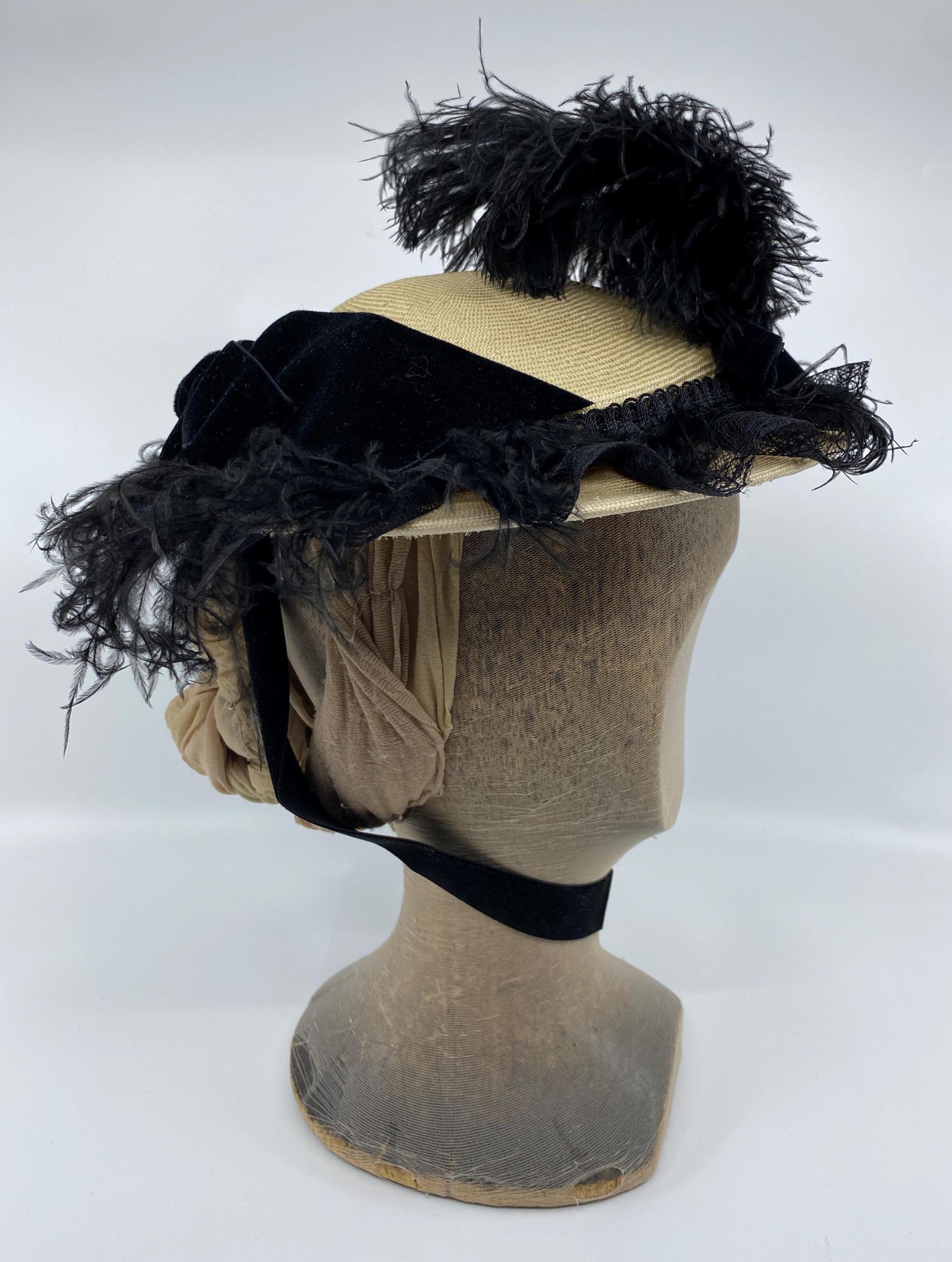 Elf victorian hat Black velvet & ted marabou feather trim Artisan one of Vintage Edwardian 1900s Hat Black Velvet with Ribbon Trim  main image 2