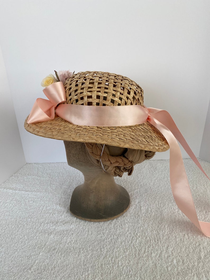1860's Ladies Straw Hat with flowers pink ribbons Etsy