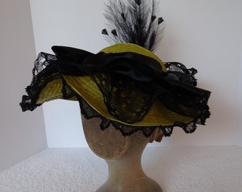 Reproduction 1890's Green Straw Hat with Black Trims