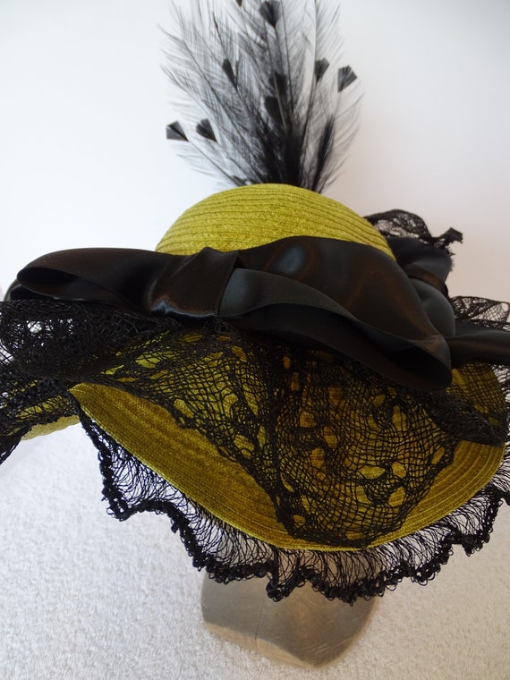 Green straw hat size medium with black ribbon Apatico - Gothic Millinery - Samantha Hat - Green Ribbon  main image 3