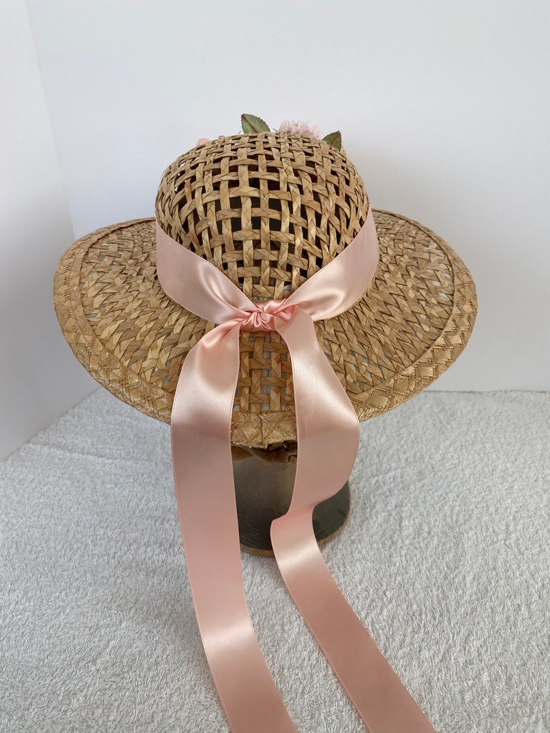 1860's Ladies Straw Hat with flowers pink ribbons Etsy