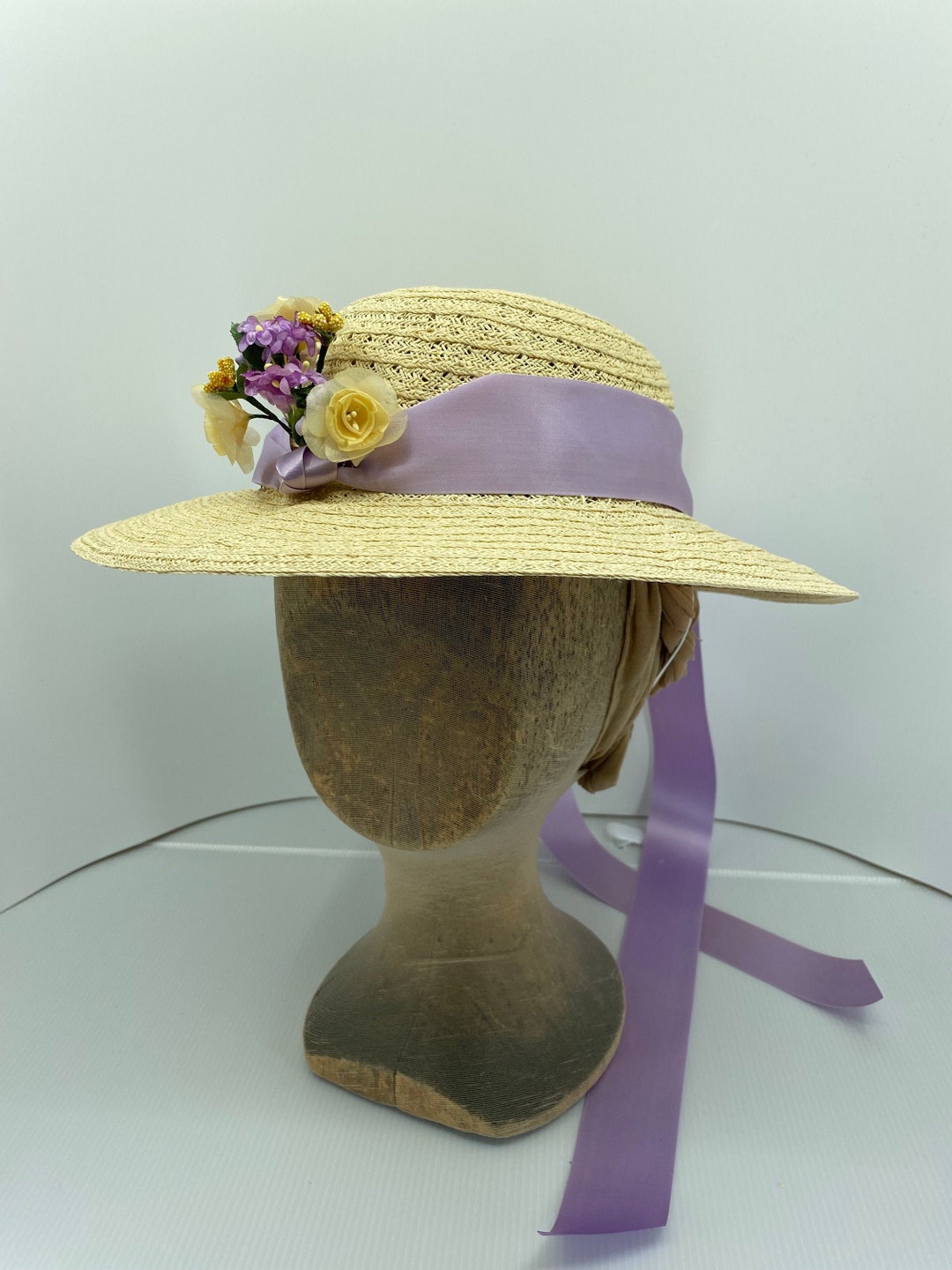 1860s Ladies Summer Straw Hat, Mid Victorian Straw Hat Lilac Ribbons ...