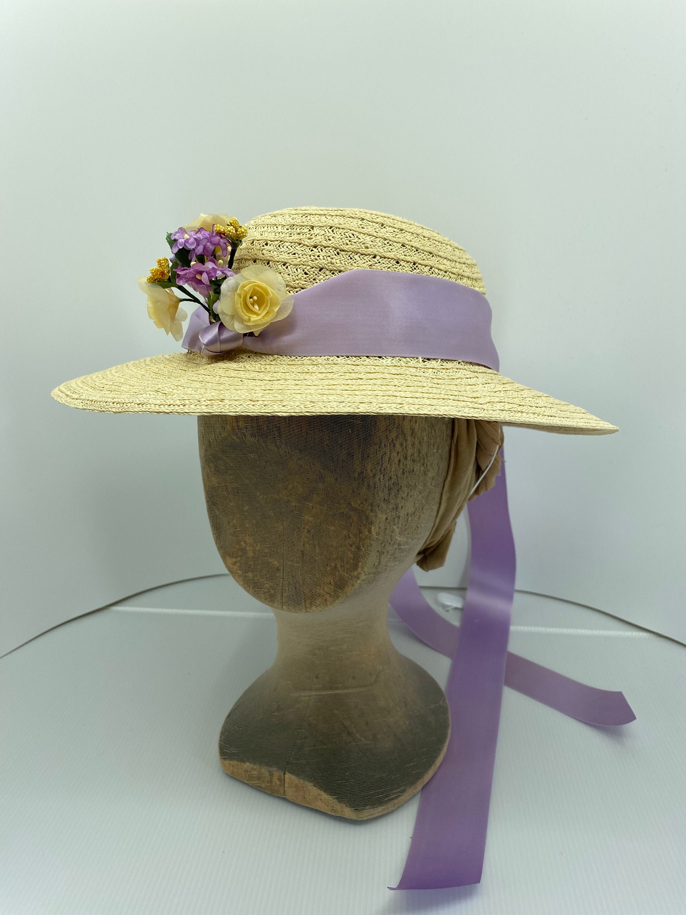 1860s Ladies Summer Straw Hat, Mid Victorian Straw Hat Lilac