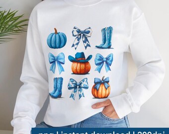 Fall Turquoise Blue Pumpkin png | coquette fall bow png, western country pumpkin vector, halloween thanksgiving clipart