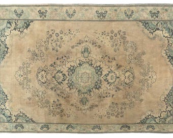 6&#39;4&quot;x9&#39;9&#39;&#39; Konya taspinar Vintage gorgeous area Rug, Faded muted skin color blue soft lovely rug, cozy mid century interiors entrance rugs