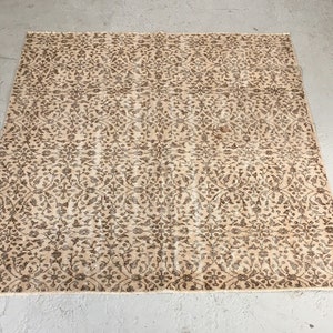 Oushak, 6x6, Alfombra turca vintage, Lana, Sala de estar, Anatolia, Clásica, Dormitorio, Decorativa, Hecha a mano, Marrón, Natural, Estampado floral
