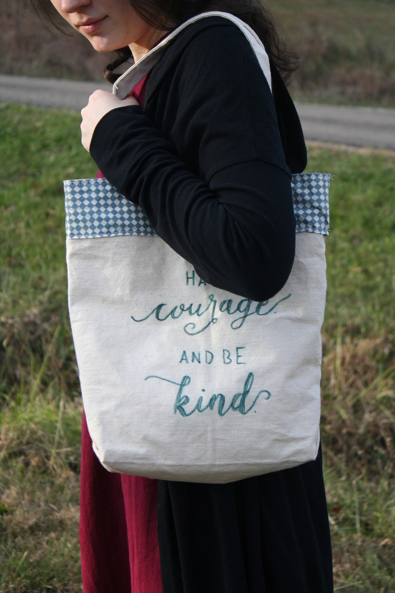 Large Hand-lettered Canvas Tote Bag with Fabric and Calligraphy Inspirational sayings